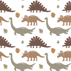Bohemian dinosaurs seamless pattern with leaves, abstract shapes on beige colours