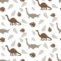 Bohemian dinosaurs seamless pattern with leaves, abstract shapes on beige colours