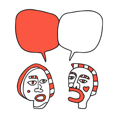 Speech bubble dialog between two people. Copy space to add your own text. This is a hand drawn communication concept.