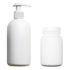 Hand sanitize pump bottle. Vitamin supplement bottle. Medicine disinfection dispenser against coronavirus, alcohol detergent pharmaceutical container mockup. Pill jar mockup