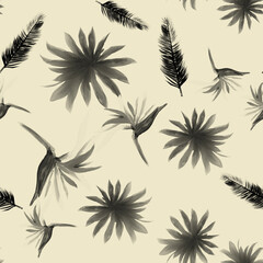 Black Pattern Nature. White Seamless Illustration. Gray Tropical Texture. Decoration Nature. Drawing Botanical. Isolated Foliage. Flower Illustration. Summer Background.