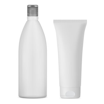 White shampoo bottle mockup. Cosmetic cream tube for toothpaste or face gel. Hair lotion bottle, shower product. Facial beauty container. Medical pvc plastic bottle, glue tube