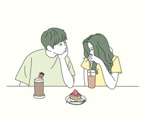 A couple of men and women are looking at each other affectionately as they eat sweet desserts in a cafe. hand drawn style vector design illustrations. 