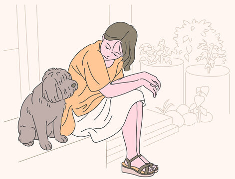 A girl is sitting affectionately in the yard with her dog. hand drawn style vector design illustrations. 