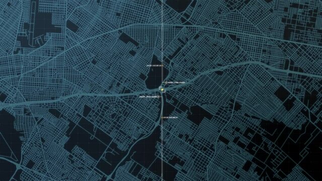 Futuristic digital city map layout with satellite GPS coordinate searching and tracking interface head up display screen with data telemetry information for background display