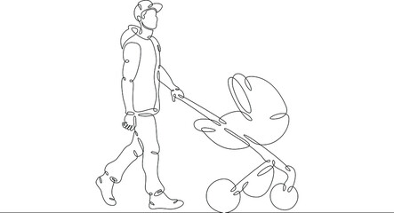 Young father on a walk with a baby in a stroller. Baby carriage. Fatherhood and upbringing. One continuous drawing line  logo single hand drawn art doodle isolated minimal illustration.