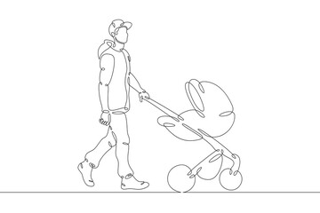 Fototapeta na wymiar Young father on a walk with a baby in a stroller. Baby carriage. Fatherhood and upbringing. One continuous drawing line logo single hand drawn art doodle isolated minimal illustration.