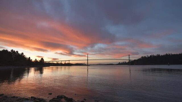 Timelapse movie of the morning glow with the Lion's Gate Bridge.  West Vancouver BC Canada
