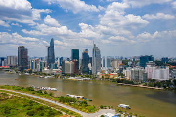 Financial office towers beside riverbank of Ho Chi Minh city, Vietnam