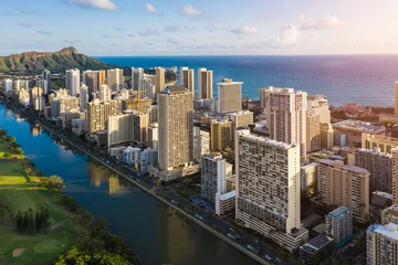 Fototapeten Tall buildings at Waikiki Beach and Wai Canal in Honolulu, Hawaii. Light effect applied © marchello74