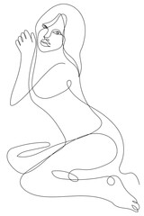 Illustration graphic of abstract art one line continuous vector long hair girl. Hand drawn continuous line technique. Single line simple beautiful concept. sit and hold her hands, looking at something