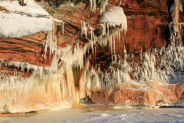 Icicles on red cliffs in Apostle Islands