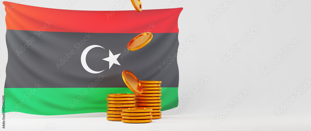 Poster 3d render of golden coins and libya flag. business online and e-commerce on web shopping concept. se