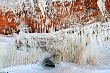 icicles on side of red cliff in Apostle Islands