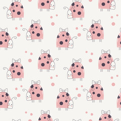 Kid graphic in doodle style with little ladybug, vector seamless pattern for kids shirt print, wear, baby room and greeting card. Hand drawn nursery and modern poster design.