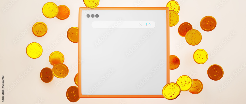 Poster 3d render of golden coins and website. business online and e-commerce on web shopping concept. secur