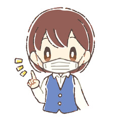 指差しするマスクを付けた受付の女性のイラスト