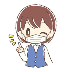 指差しウインクするマスクを付けた受付の女性のイラスト