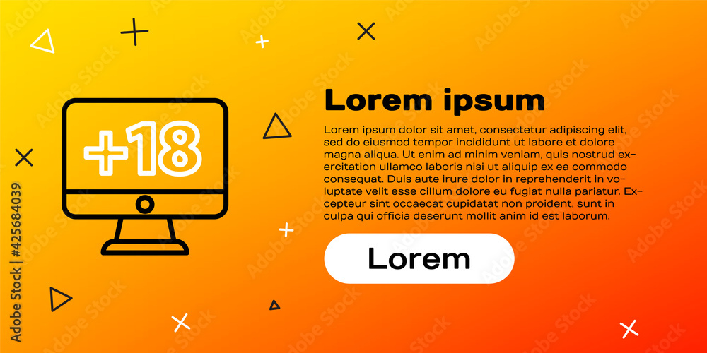 Poster line computer monitor with 18 plus content icon isolated on yellow background. age restriction symbo