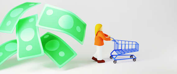 3D render of Banknote and shopping woman. Business online and e-commerce on web shopping concept. Secure online payment transaction with smartphone.