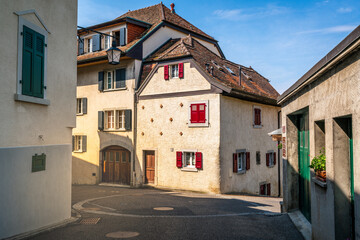 Fototapeta na wymiar Street view of Rivaz village with typical houses Lavaux Vaud Switzerland