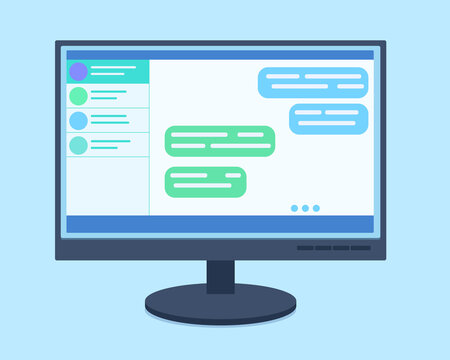 Vector computer chat in flat style. Remote work. Message in messengers. Online dialogue. Isolated on white background
