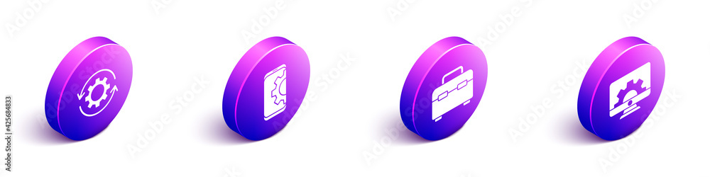 Poster set isometric gear and arrows as workflow, setting on smartphone, toolbox and computer monitor and g