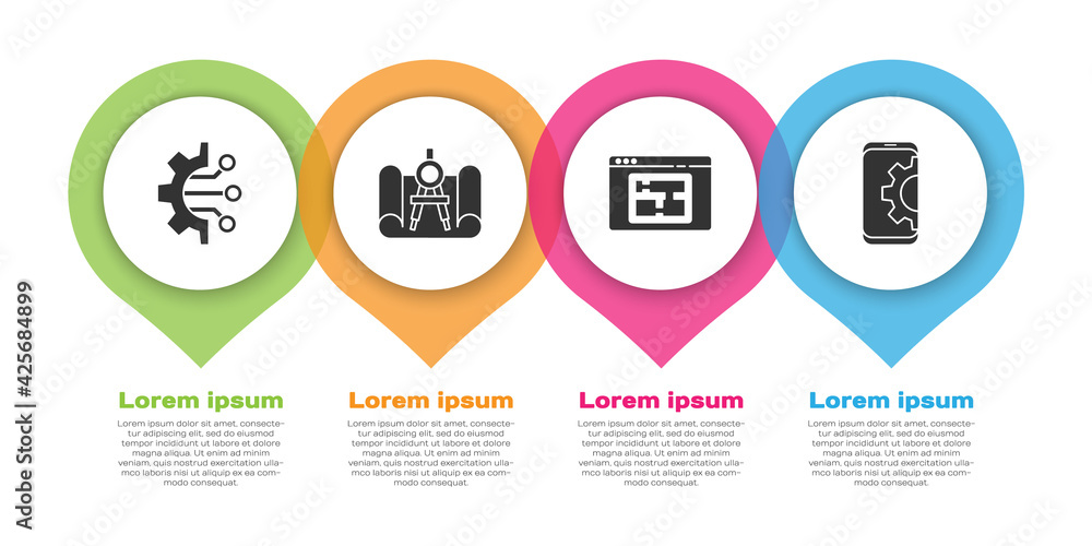 Poster set algorithm, graphing paper and compass, house plan and setting on smartphone. business infographi