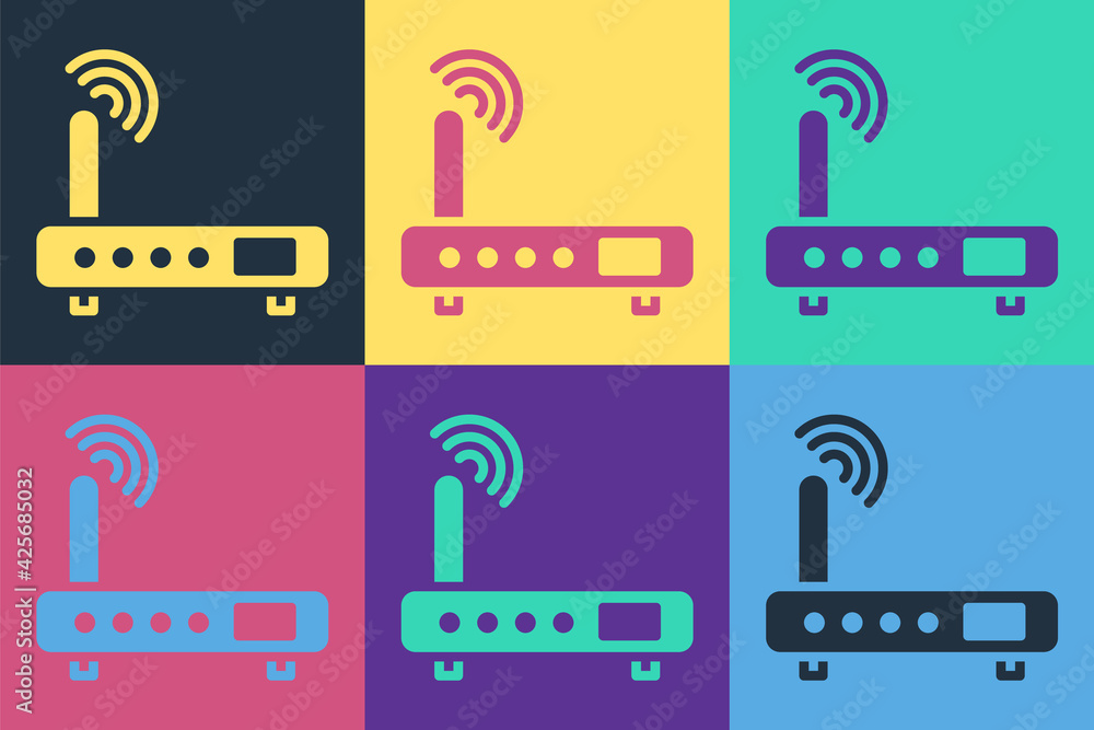 Poster pop art router and wi-fi signal icon isolated on color background. wireless ethernet modem router. c