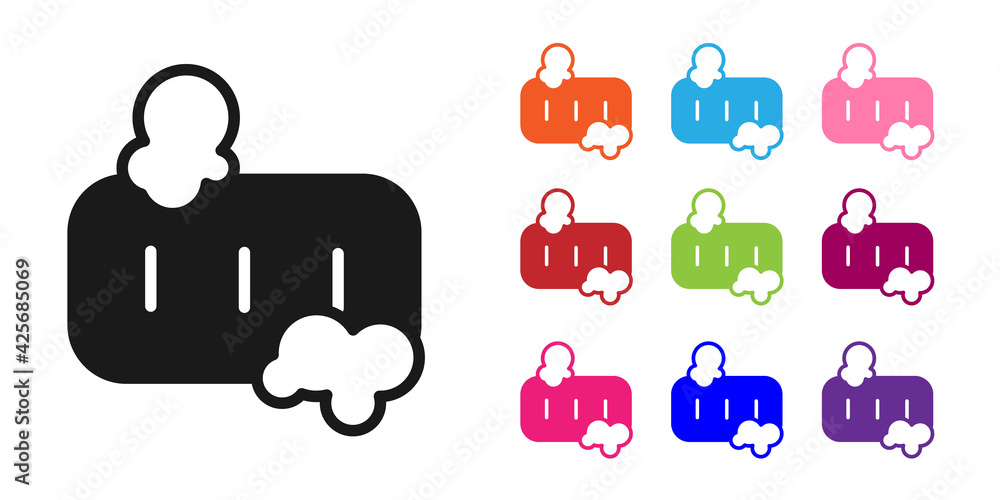Poster black bar of soap with foam icon isolated on white background. soap bar with bubbles. set icons colo