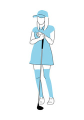 スポーツのゴルフのイラスト。ゴルフクラブを持って立っている若い女性。