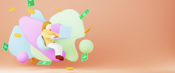 3D render of money and shopping woman. Business online and e-commerce on web shopping concept. Secure online payment transaction with smartphone.