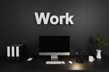 modern clean office workspace with computer screen and dark concrete wall; work from home lettering; 3D Illustration