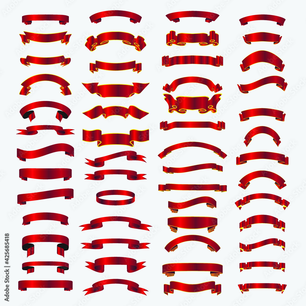 Wall mural red ribbon banner collection set. red shiny scroll frame template isolated of white background.