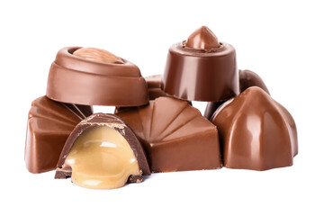 Tasty chocolate candies on white background