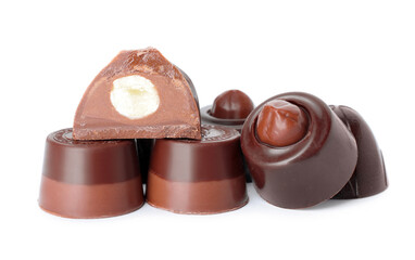 Tasty chocolate candies on white background