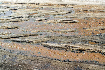 Road with dirty water and snow close up, texture and background for design, used for 3d models