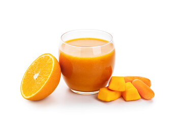 Glass of healthy smoothie and ingredients on white background