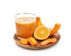 Glass of healthy smoothie and ingredients on white background