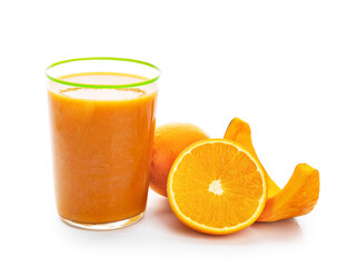 Glass of healthy smoothie and ingredients on white background