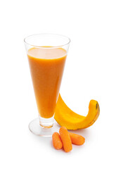 Glass of healthy smoothie and ingredients on white background