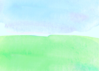 Sunny meadow, the land with green grass and blue sky, abstract summer watercolor background. Stain blot spot blob. Template for postcard, banner, illustration