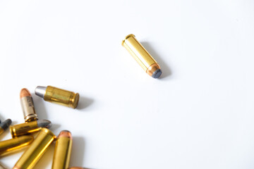 Group of hand gun bullet jhp and lrn fire arm on white background
