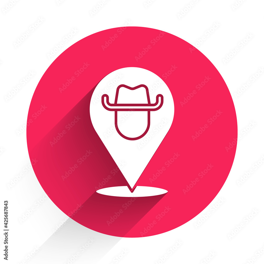 Poster white location cowboy icon isolated with long shadow. red circle button. vector