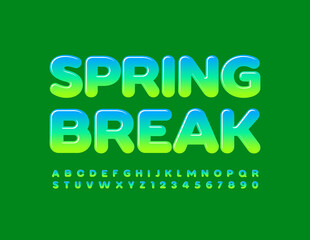 Vector creative poster Spring Break. Gradient colors Font. Set of glossy Alphabet Letters and Numbers