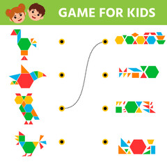 Education logic game for preschool kids for the development of logical thinking. Connect the details and  colorful geometric shapes. Preschool worksheet activity. Children funny riddle entertainment