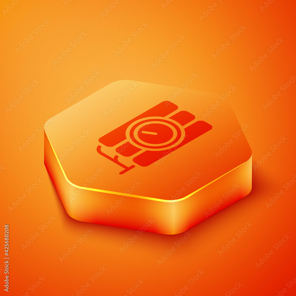 Poster isometric detonate dynamite bomb stick and timer clock icon isolated on orange background. time bomb