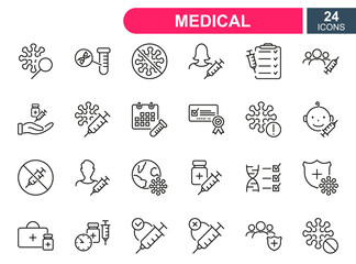 Set of vaccine line icons. Injection, prevention and treatment of covid. Medical syringe and ampoules, certificate for Vaccine. Linear icons for medical vaccine. Editable stroke. Vector illustration