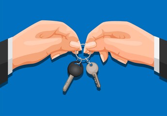 Hand giving key. rental car or real estate marketing business symbol concept in cartoon illustration vector