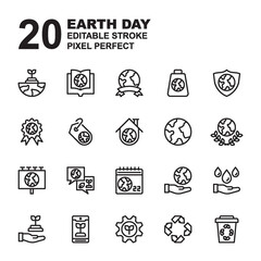 Icon Set of Earth day with outline black style. Contains such of Earth day, recycle, save water, campaign and more. Can be used for web, mobile, ui and more. Editable stroke and pixel perfect.